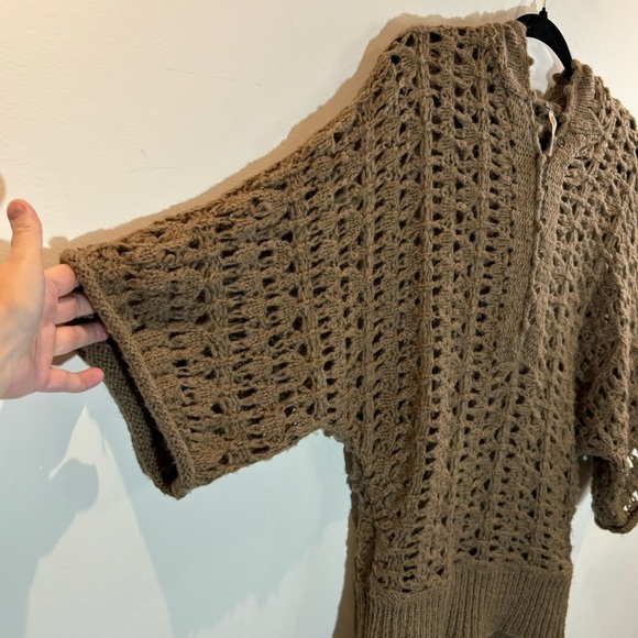 FREE PEOPLE Sz M Open Weave Crochet Style Hooded Pull On 3/4 Sleeves Sweater Top - Picture 4 of 10